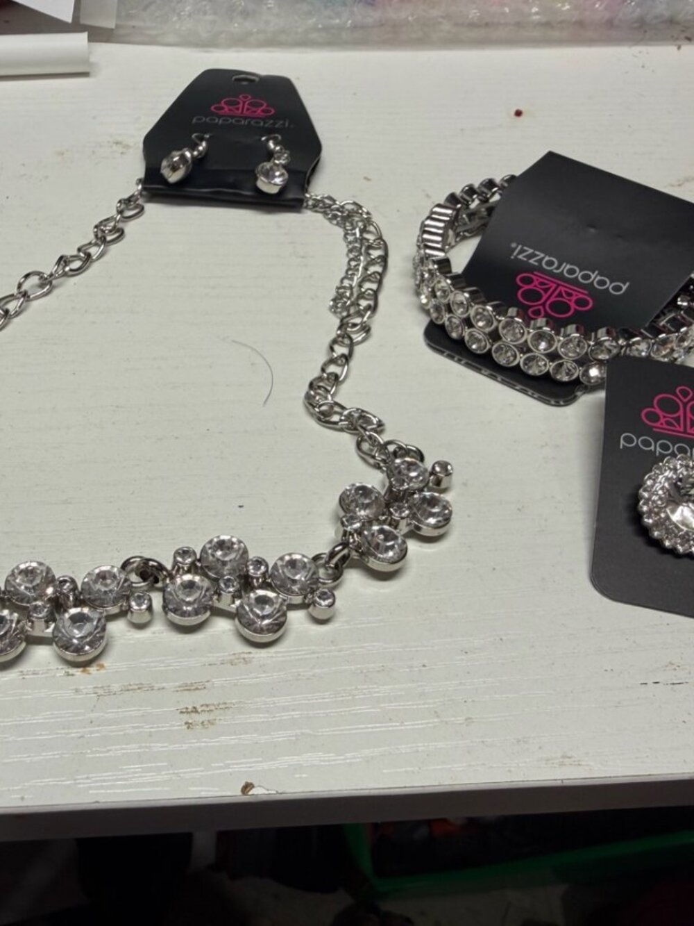 Paparazzi Clear Rhinestone Silver Tone Necklace Set Earrings Bracelet Bundle